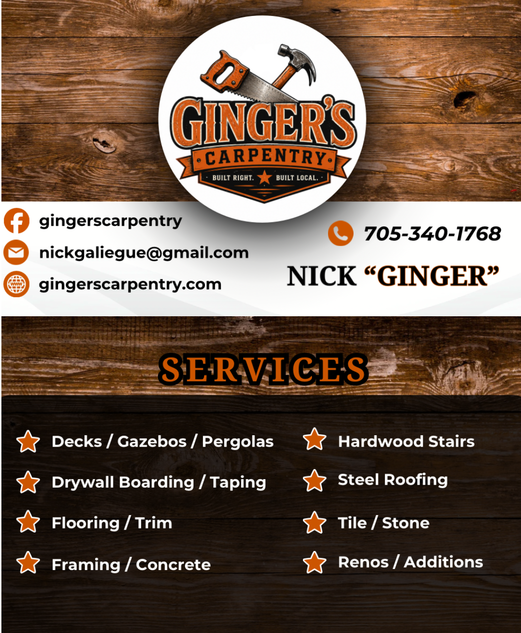 Ginger's Carpentry Business Card